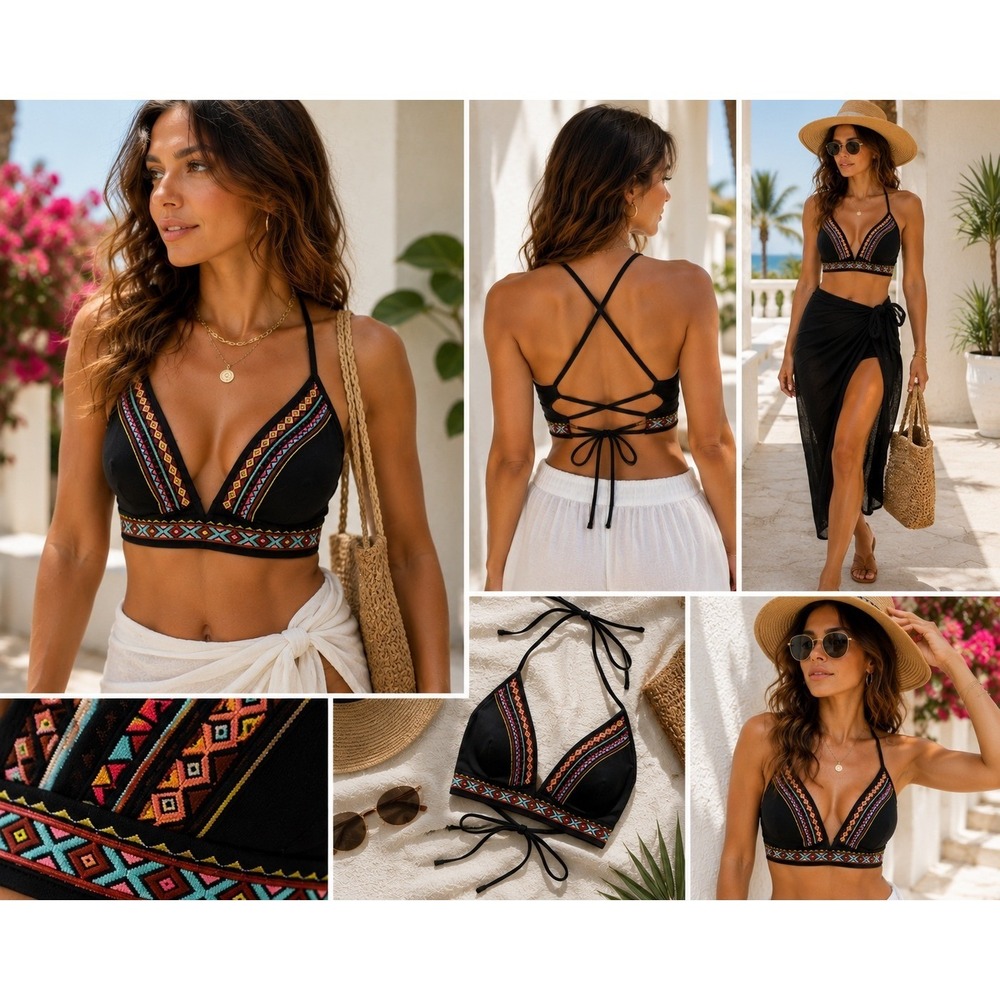 Shade & Shore Bikini Top Womens 34C Black Embroidered Lace Up Plunge Boho Swim